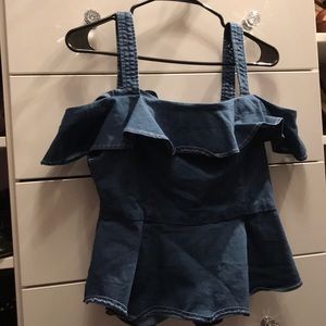 Peplum denim cold shoulder top size L runs small